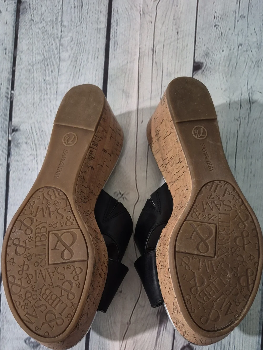 Like New Sam & Libby Black Cork Wedge Slide Sandals with Silver Toe Size 7.5